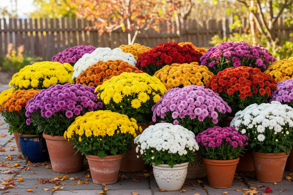Pots de chrysanthèmes colorés 